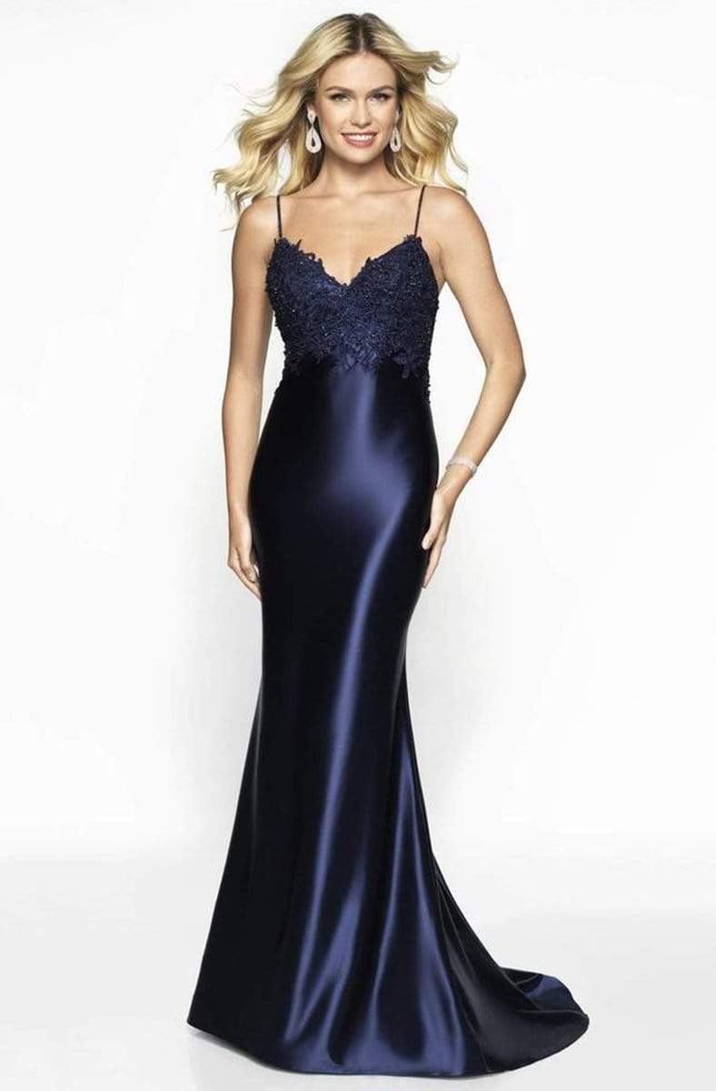 Intrigue by Blush - 529 Beaded Lace Appliqued Top Satin Evening Gown - 1 pc Navy In Size 10 Available CCSALE 10 / Navy