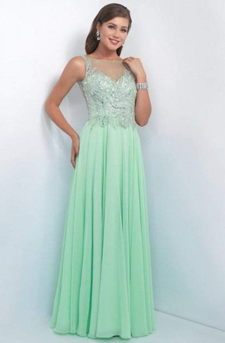 Intrigue - Illusion Bateau Neckline Embellished A-line Dress 165 Special Occasion Dress 0 / Mint Green