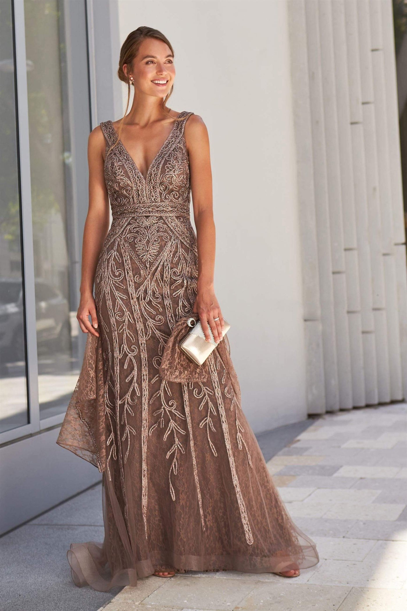 Ivonne D by Mon Cheri - 120D03W Embroidered V-Neck Long Dress Evening Dresses 16W / Mocha
