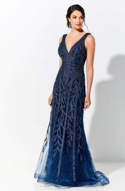 Ivonne D by Mon Cheri - 120D03W Embroidered V-Neck Long Dress Evening Dresses 16W / Navy