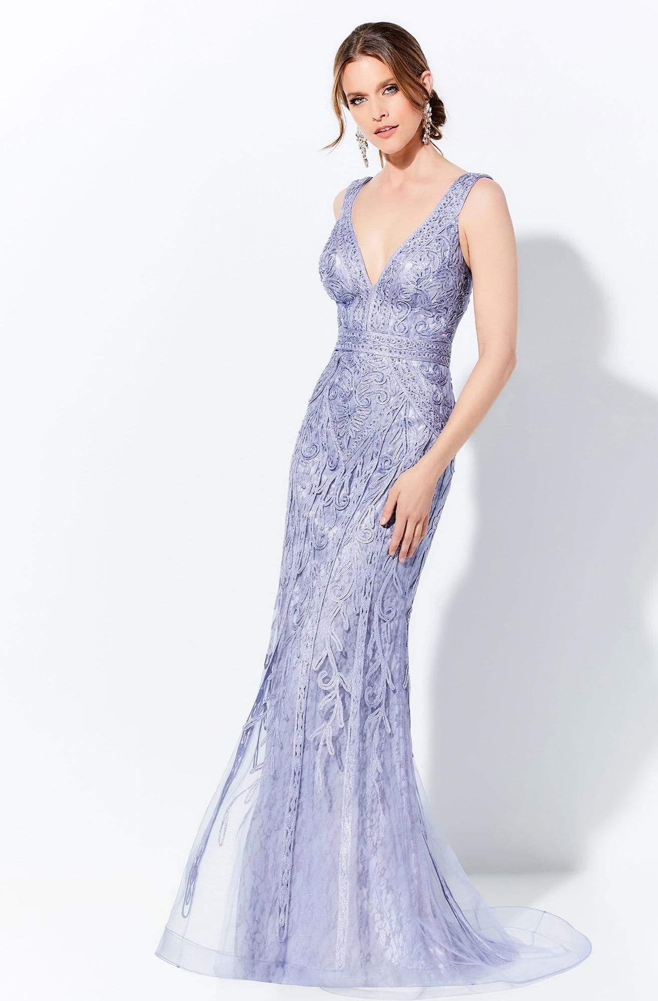 Ivonne D by Mon Cheri - 120D03W Embroidered V-Neck Long Dress Evening Dresses 16W / Periwinkle