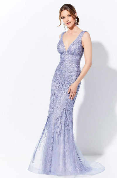 Ivonne D by Mon Cheri - 120D03W Embroidered V-Neck Long Dress Evening Dresses 16W / Periwinkle