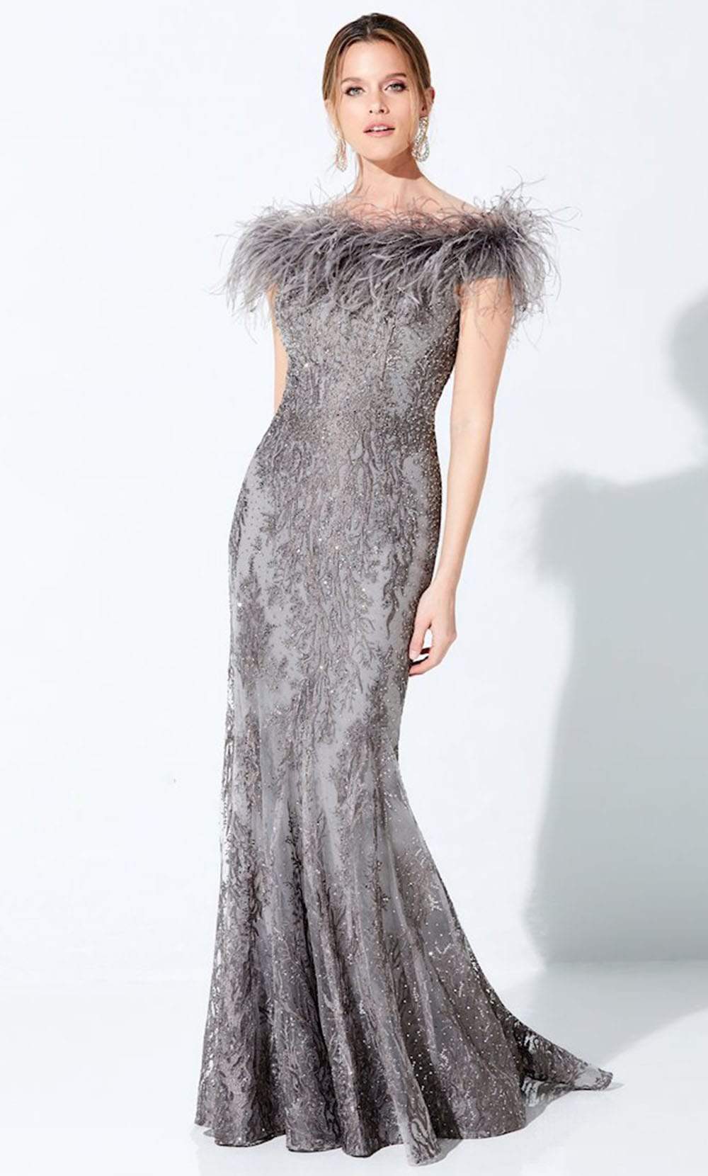 Ivonne D by Mon Cheri - 220D22 Embroidered Off-Shoulder Gown Evening Dresses 4 / Gray