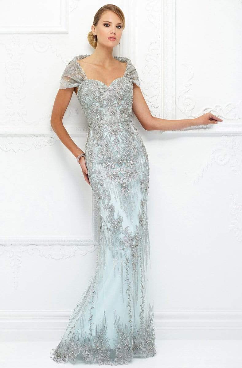Ivonne D for Mon Cheri - 118D04W Metallic Lace Sheath Dress Special Occasion Dress 16W / Ice/Water
