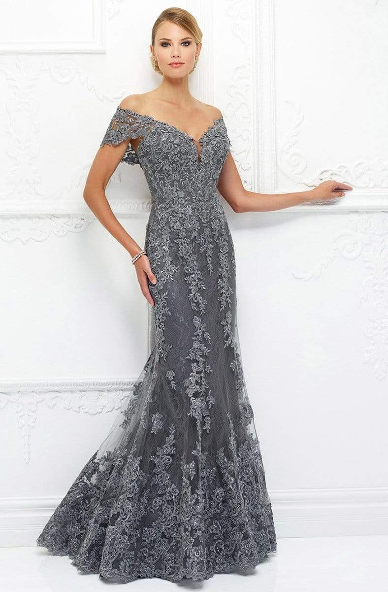 Ivonne D for Mon Cheri - 118D12 Lace Applique Plunging Trumpet Dress In Gray