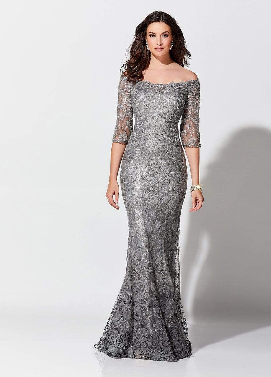 Ivonne D for Mon Cheri - 118D07W Ombre Sequined Off Shoulder Tulle Lace Gown CCSALE 10 / Silver/Gray