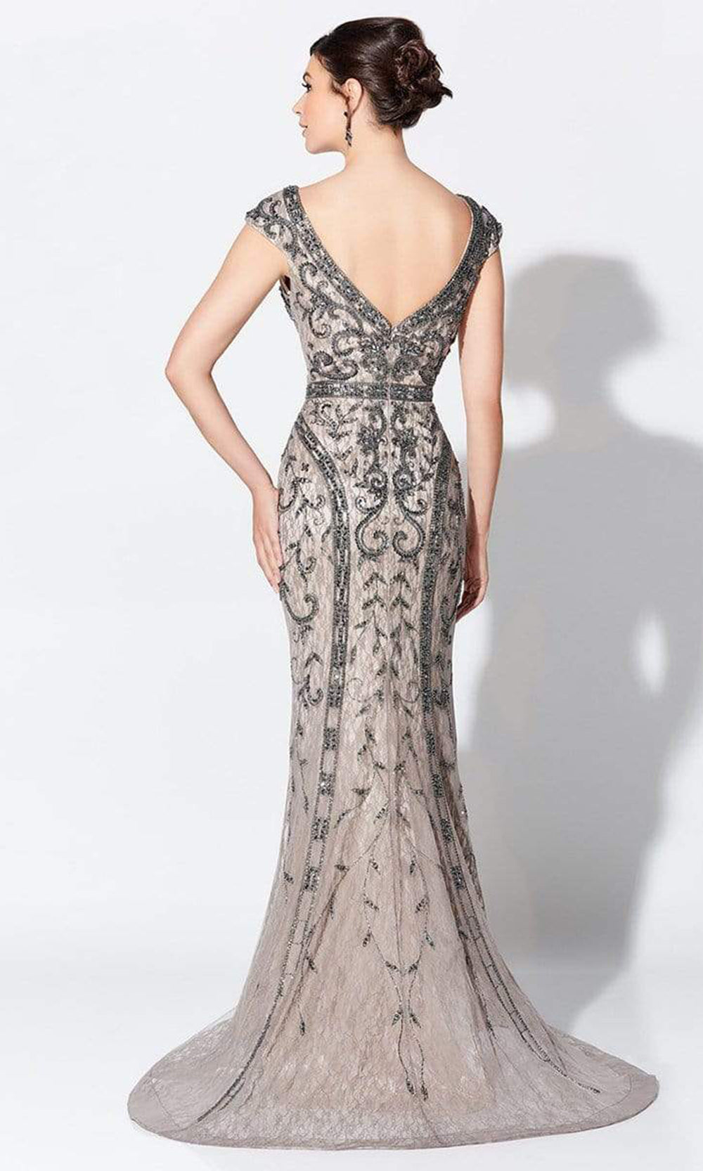 Ivonne D for Mon Cheri - Bead Embellished V-Neck Sheath Evening Dress 119D42 - 1 pc Smoke/Nude In Size 6 Available CCSALE 14 / Smoke/Nude