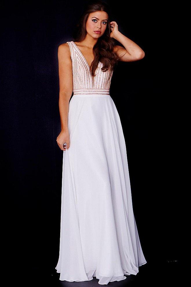 Jovani - JVN53379 Sequined Plunging Chiffon Dress Special Occasion Dress 00 / Off White/Gold