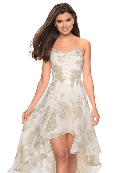 La Femme - 27753 Metallic Floral Print Sweetheart High Low Aline Dress In White and Gold