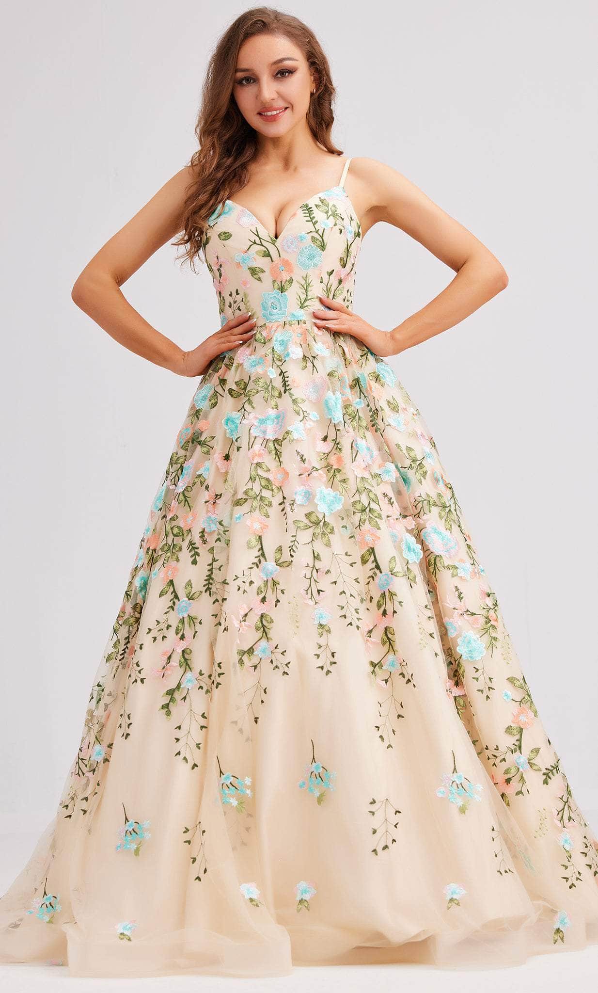 J'Adore Dresses J23017 - Embroidered A-Line Evening Dress Special Occasion Dress 2 / Blue Floral
