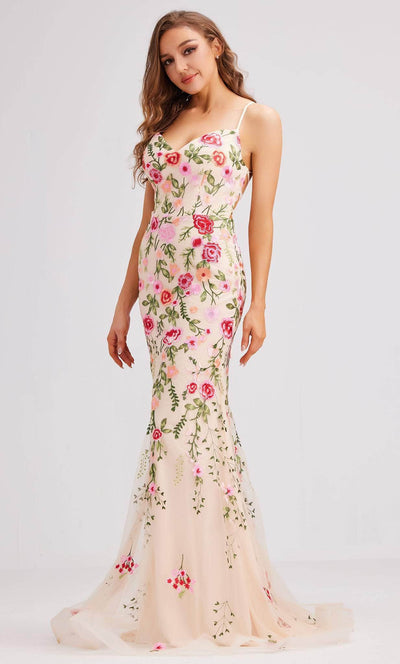 J'Adore Dresses J23018 - Embroidered Mermaid Evening Dress Special Occasion Dress 2 / Pink Floral