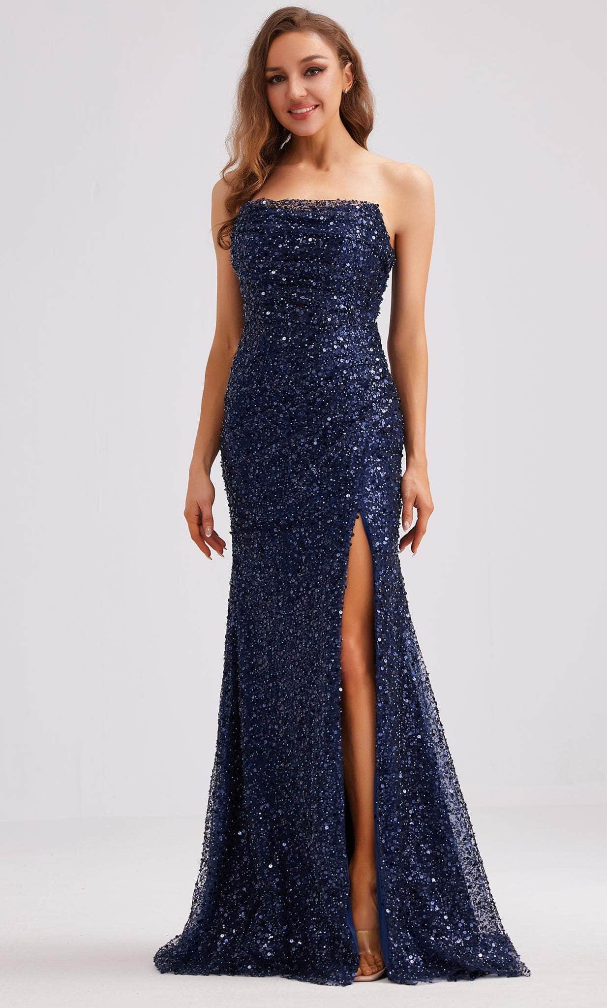 J'Adore Dresses J23020 - Draped Sequin Evening Dress with Slit Special Occasion Dress 2 / Navy