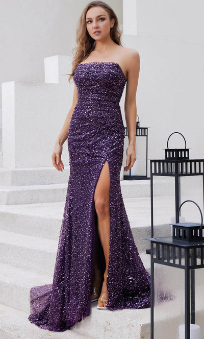 J'Adore Dresses J23020 - Draped Sequin Evening Dress with Slit Special Occasion Dress 2 / Purple