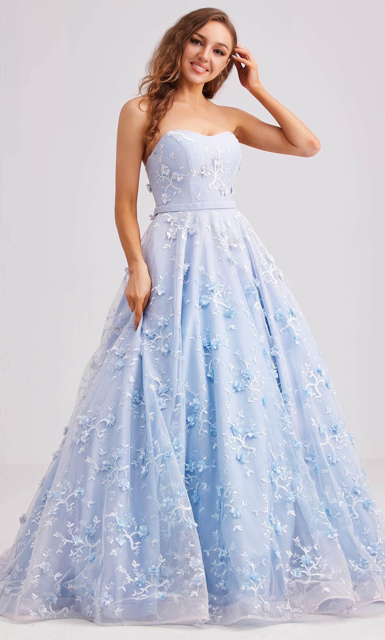J'Adore Dresses J23033 - Strapless Floral Applique Evening Dress Special Occasion Dress 2 / Light Blue