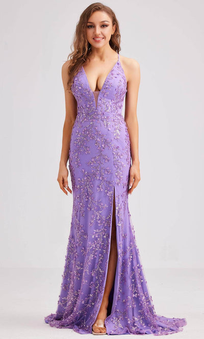 J'Adore Dresses J23036 - Beaded Mermaid Evening Dress with Slit Special Occasion Dress 2 / Purple
