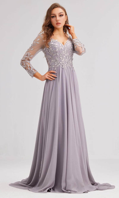 J'Adore Dresses J23037 - Long Sleeve Embroidered Evening Dress Special Occasion Dress 2 / Grey