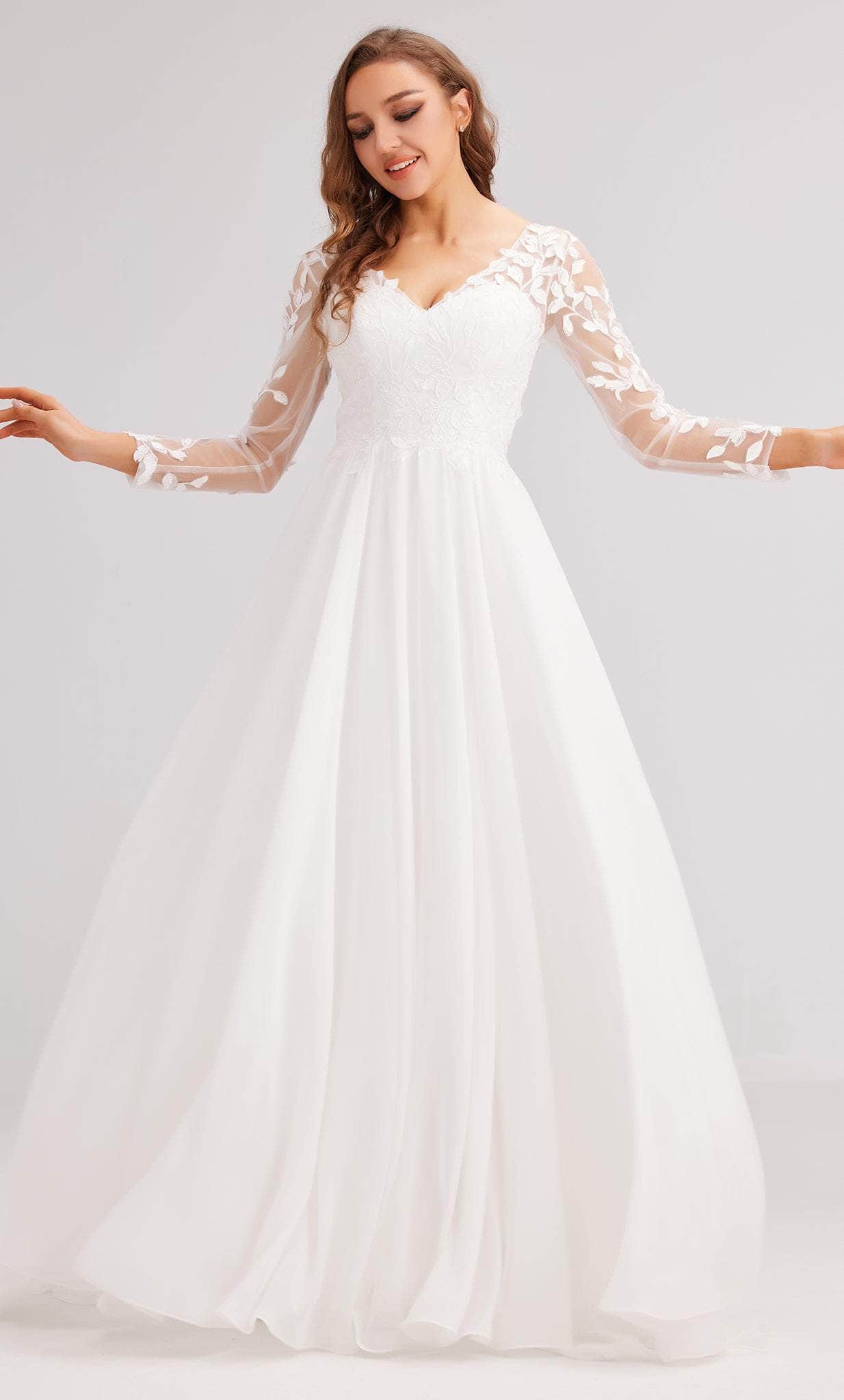 J'Adore Dresses J23037 - Long Sleeve Embroidered Evening Dress Special Occasion Dress 2 / Ivory