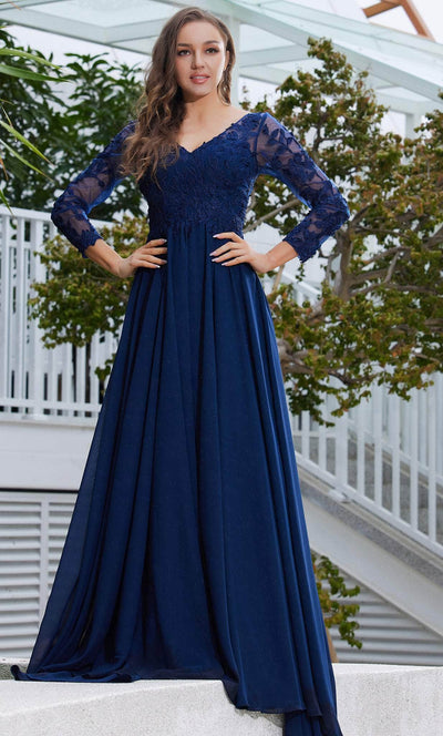 J'Adore Dresses J23037 - Long Sleeve Embroidered Evening Dress Special Occasion Dress 2 / Navy