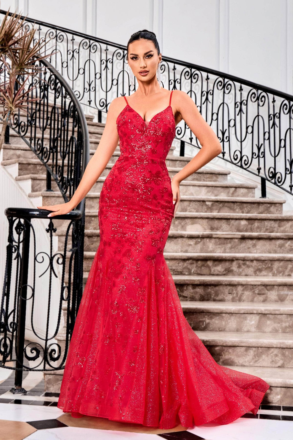 J'Adore Dresses J24031 - Long Embroidered Tulle Mermaid Dress - Spaghetti Straps, Illusion Inset, Glitter Print, Midrise Back, Concealed Zipper Closure, Sweep Train ADASA J'Adore Dresses J24031 - Long Embroidered Tulle Mermaid Dress - Spaghetti Straps, Illusion Inset, Glitter Print, Midrise Back, Concealed Zipper Closure, Sweep Train ADASA