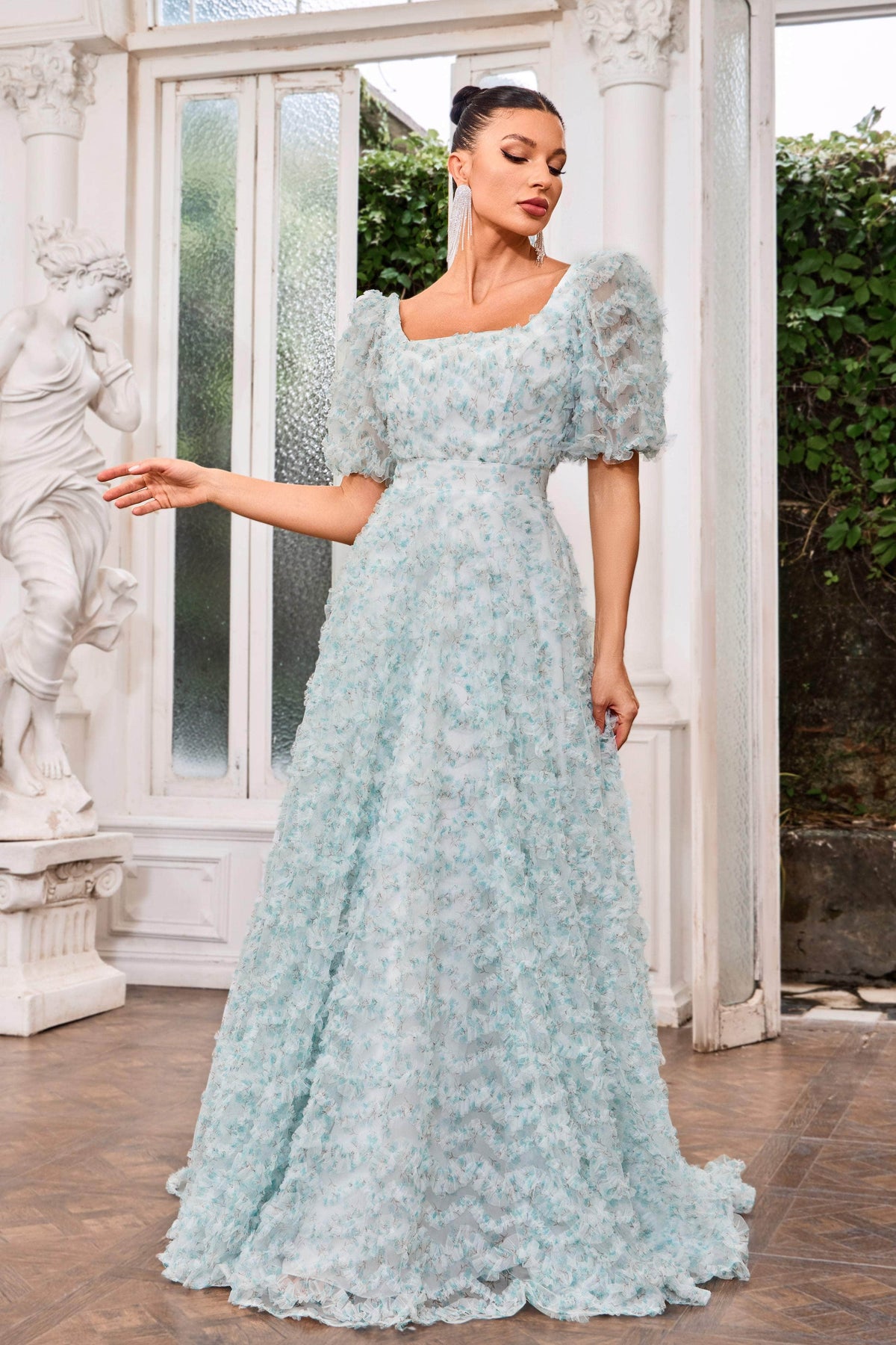 J'Adore Dresses J24050 - Puff Sleeve Floral Evening Gown J'Adore Dresses J24050 - Puff Sleeve Floral Evening Gown