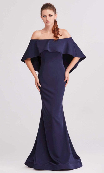 J'Adore - J15010 Off Shoulder Satin Mermaid Gown Evening Dresses 2 / Navy