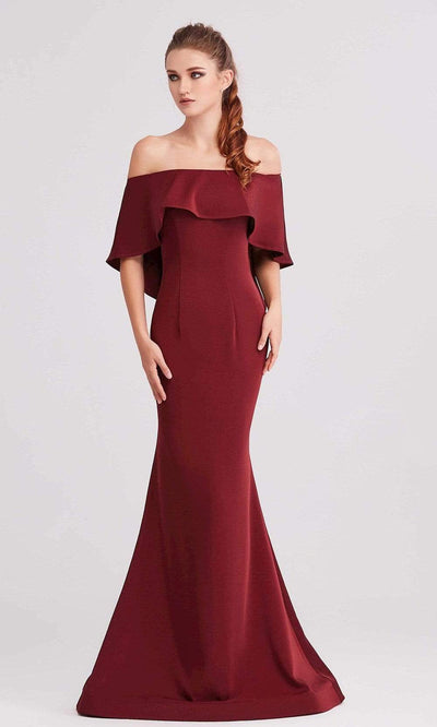 J'Adore - J15010 Off Shoulder Satin Mermaid Gown Evening Dresses 2 / Wine