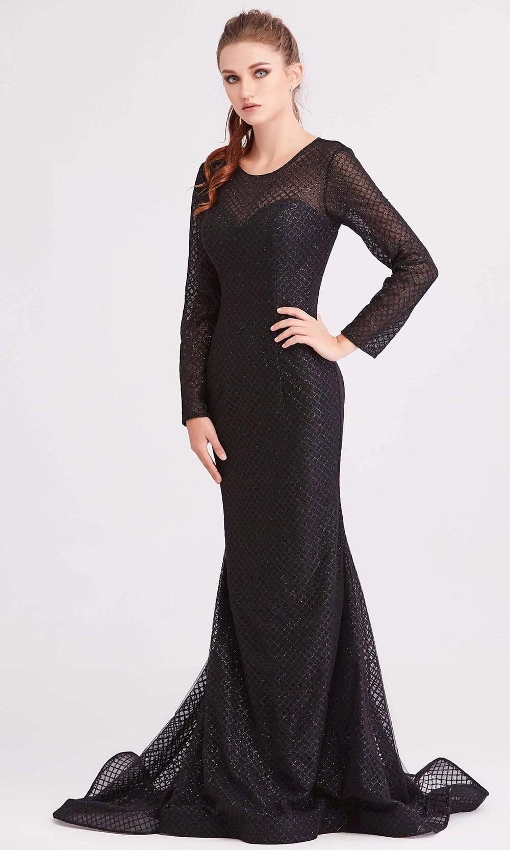 J'Adore - J15011 Glitter Tulle Long Sleeve Mermaid Dress Evening Dresses 2 / Black