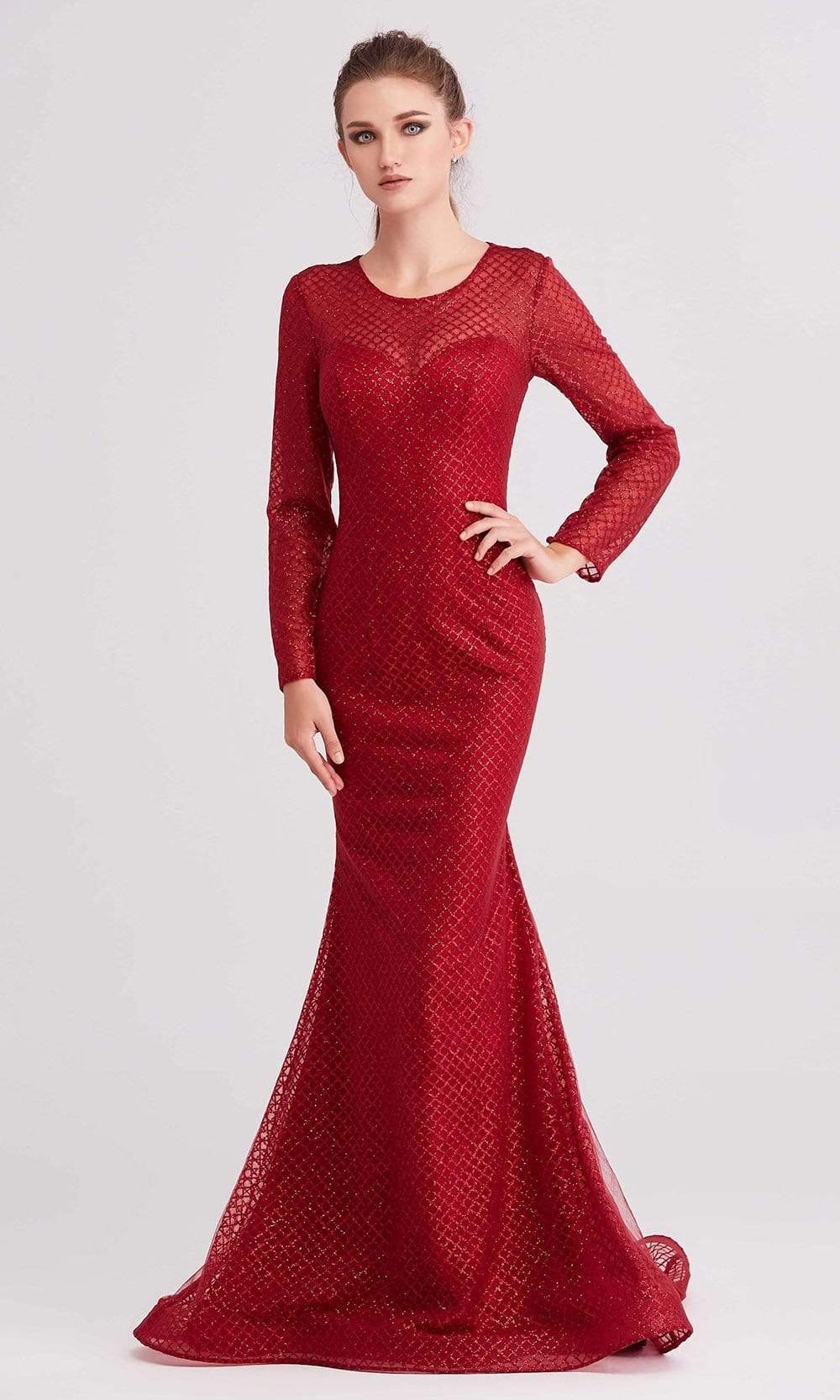 J'Adore - J15011 Glitter Tulle Long Sleeve Mermaid Dress Evening Dresses 2 / Red