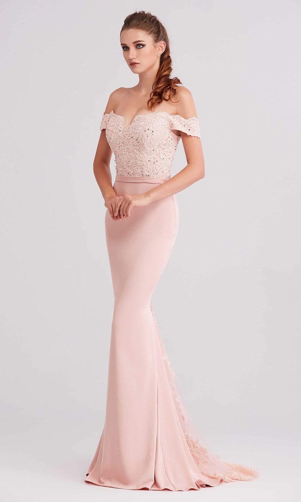 J'Adore - J15016 Off Shoulder Beaded Lace Bodice Mermaid Dress Special Occasion Dress 2 / Dusty Pink