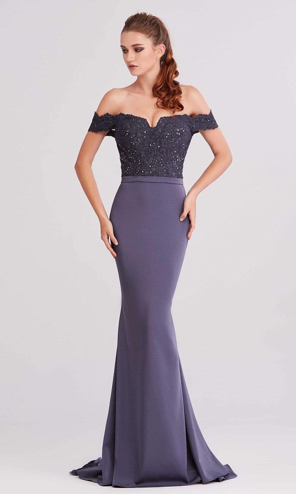 J'Adore - J15016 Off Shoulder Beaded Lace Bodice Mermaid Dress Special Occasion Dress 2 / Steel Blue