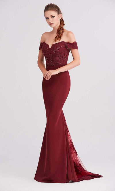 J'Adore - J15016 Off Shoulder Beaded Lace Bodice Mermaid Dress Special Occasion Dress 2 / Wine