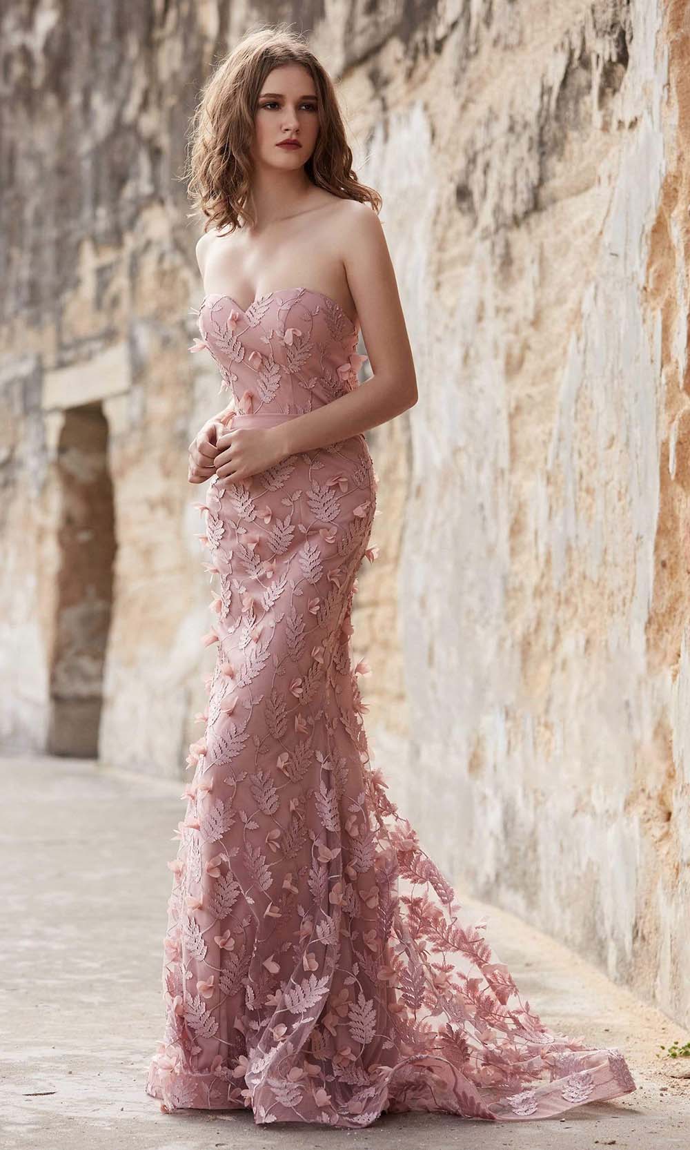 J'Adore - Foliage Applique Mermaid Gown J15020SC In Pink