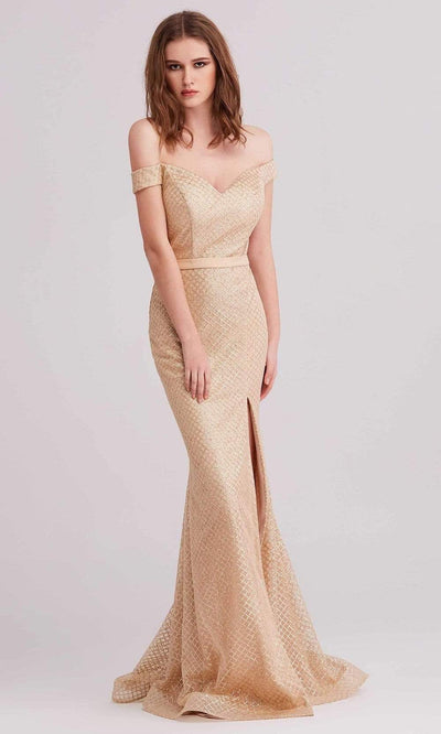 J'Adore - J15021 Glitter Tulle Off Shoulder Mermaid Gown Evening Dresses 2 / Champagne