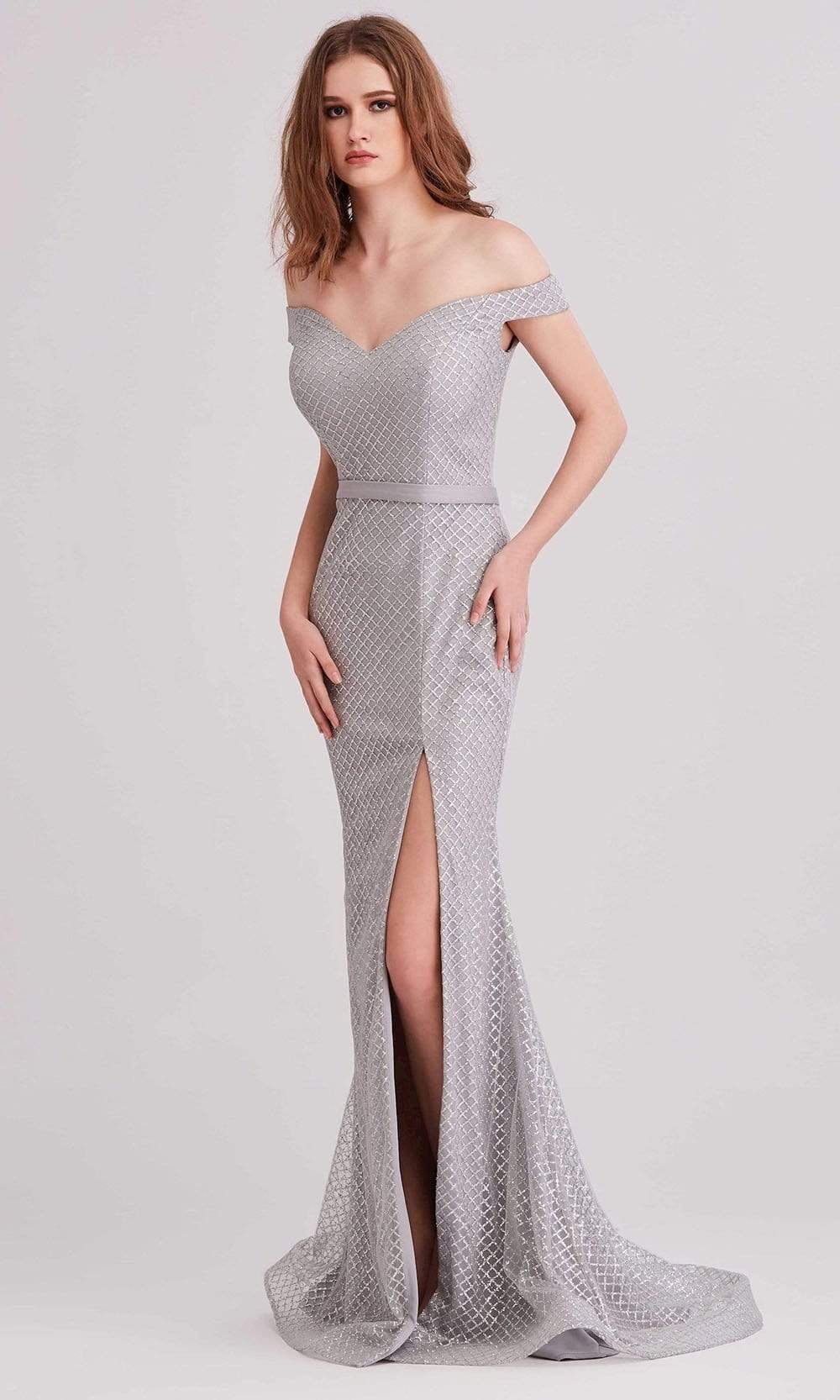 J'Adore - J15021 Glitter Tulle Off Shoulder Mermaid Gown Evening Dresses 2 / Silver