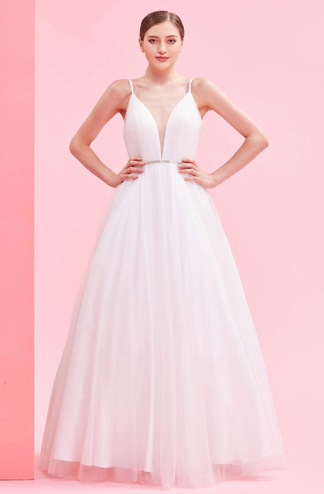 J'Adore - J16001 Sheer Plunging V Neck Sparkle Tulle Ballgown Prom Dresses 2 / Ivory