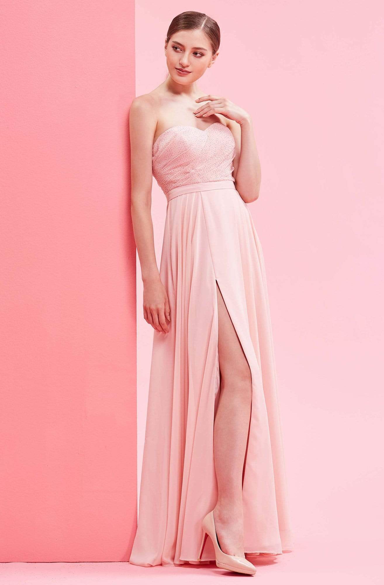 J'Adore - J16007 Strapless Sweetheart High Slit Sparkle Chiffon Dress Prom Dresses 2 / Pink