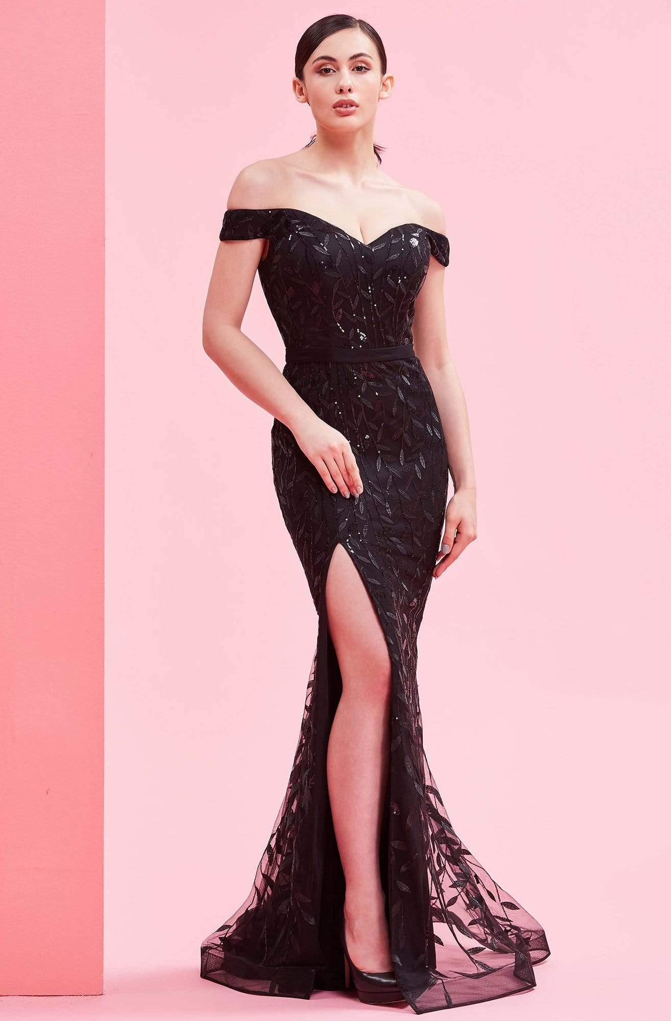 J'Adore - J16010 Sequined Off-Shoulder Trumpet Dress Pageant Dresses 2 / Black