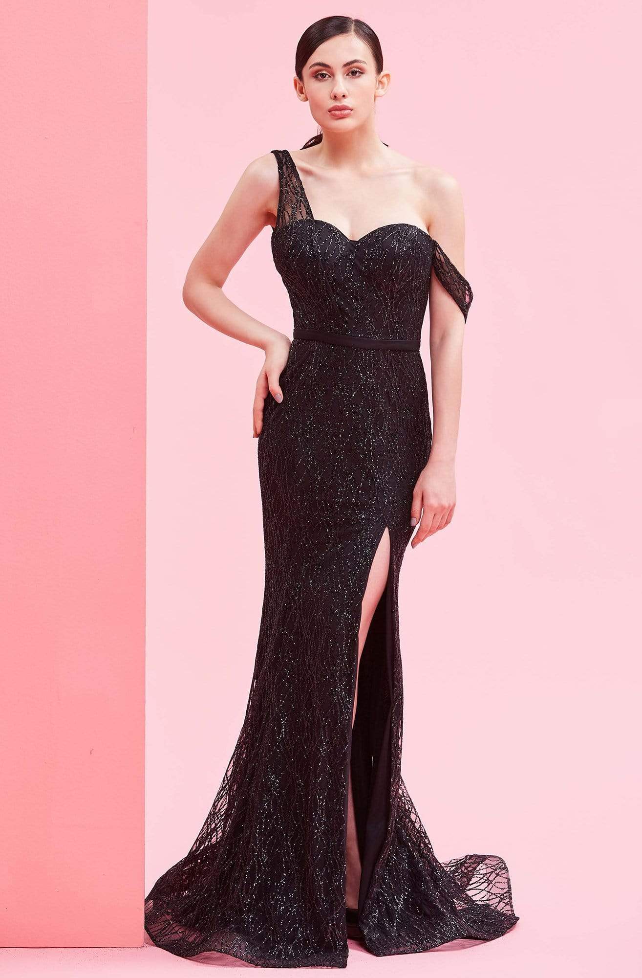 J'Adore - J16013 Draped Off Shoulder Glitter Tulle Dress Evening Dresses 2 / Black