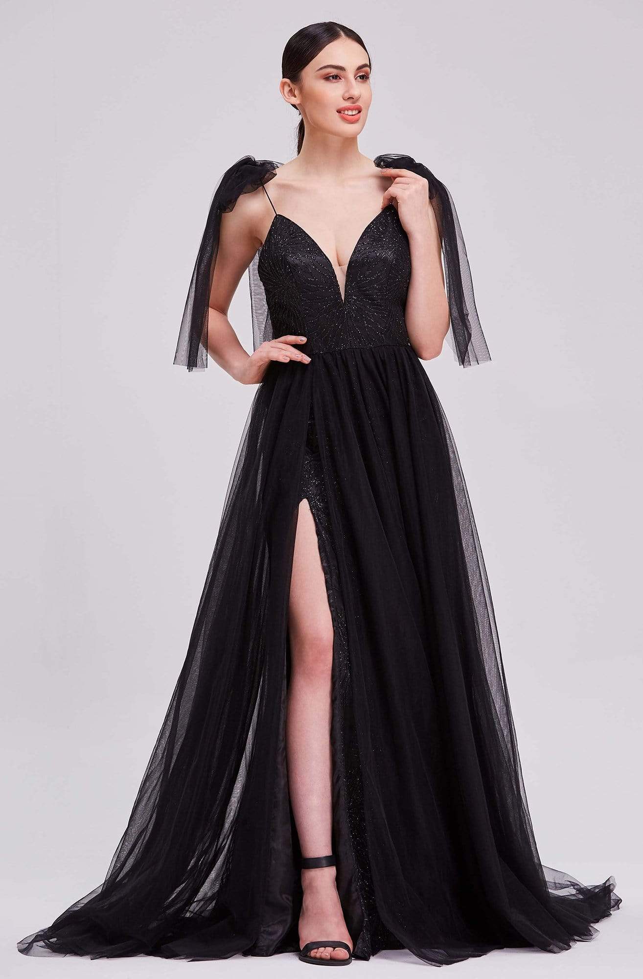 J'Adore - J16014 Plunging Bodice Glitter Gown with Overskirt Evening Dresses 2 / Black