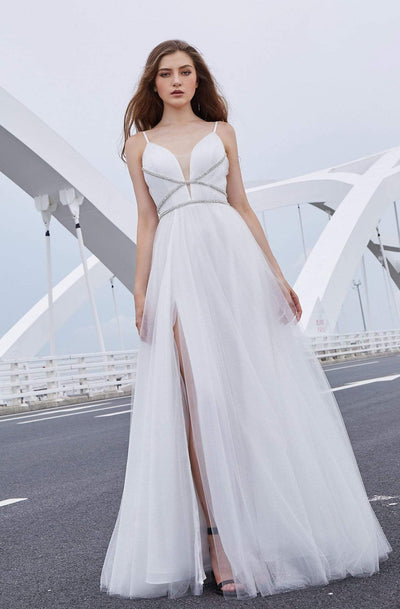 J'Adore - j16021 Plunging V-Neck Pleated Ballgown Ball Gowns 2 / Ivory