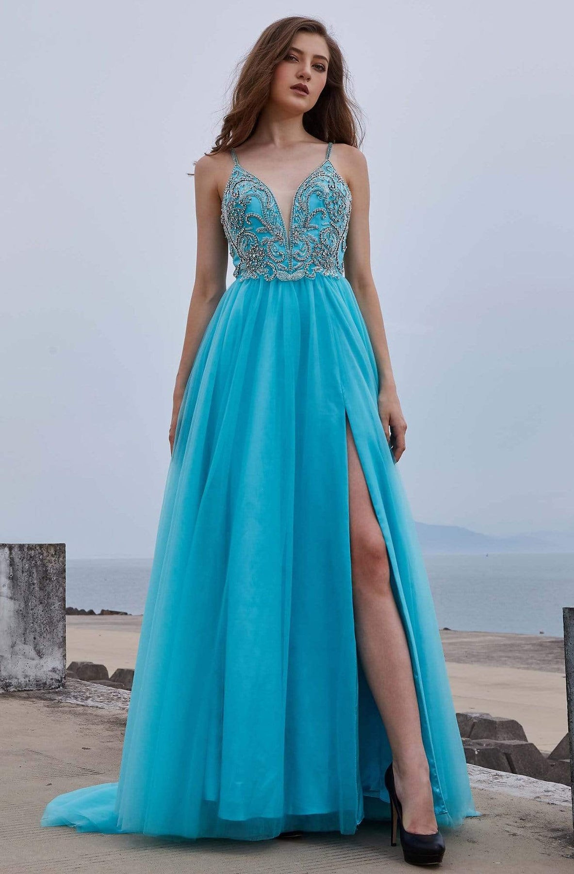 J'Adore Dresses J16022 - Long Tulle A-line Dress - Sleeveless, Plunging neckline, Sheer inset, Spaghetti straps, Fitted bodice, Beading, A-line skirt, Slit, Sweep train ADASA J'Adore Dresses J16022 - Long Tulle A-line Dress - Sleeveless, Plunging neckline, Sheer inset, Spaghetti straps, Fitted bodice, Beading, A-line skirt, Slit, Sweep train ADASA