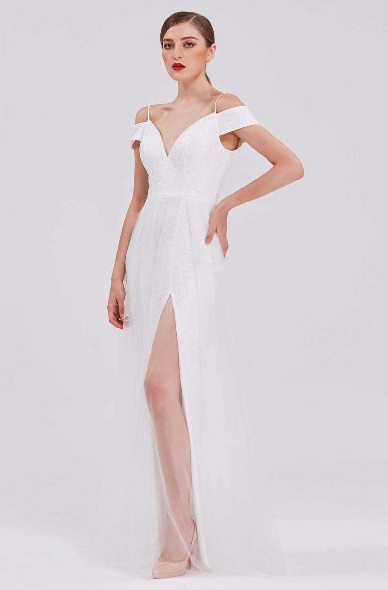 J'Adore - J16029 Cold Shoulder Sleeves Glittered Dress Prom Dresses 2 / Ivory