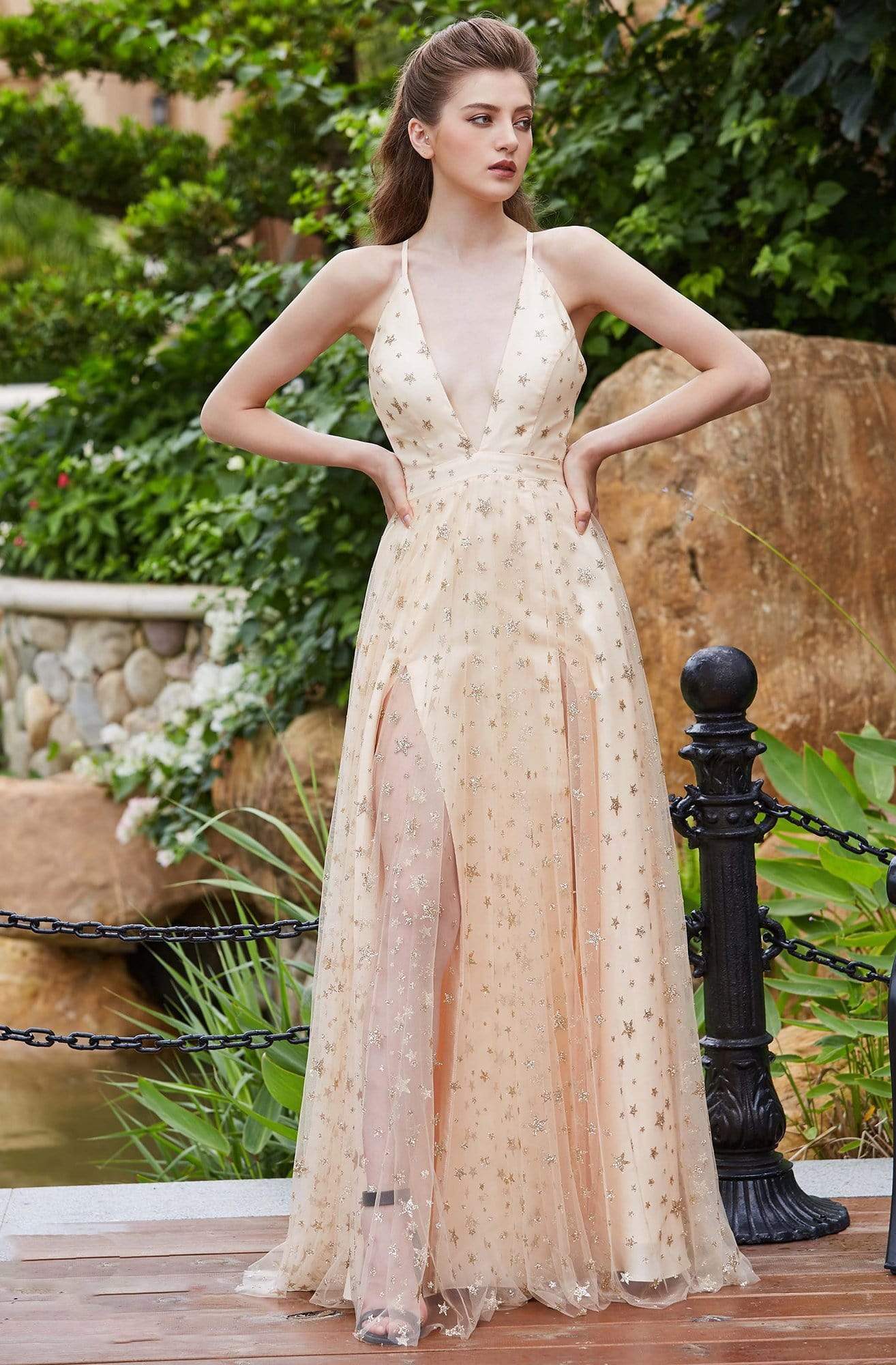 J'Adore - J16033 Star Glitter Plunging V-Neck Dress Prom Dresses 2 / Champagne