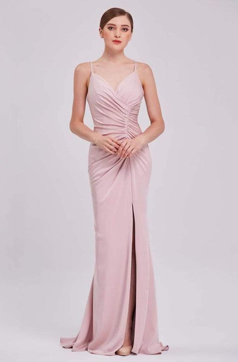 J'Adore - J16039 Asymmetrically Ruched High Slit Mermaid Gown Evening Dresses 2 / Blush