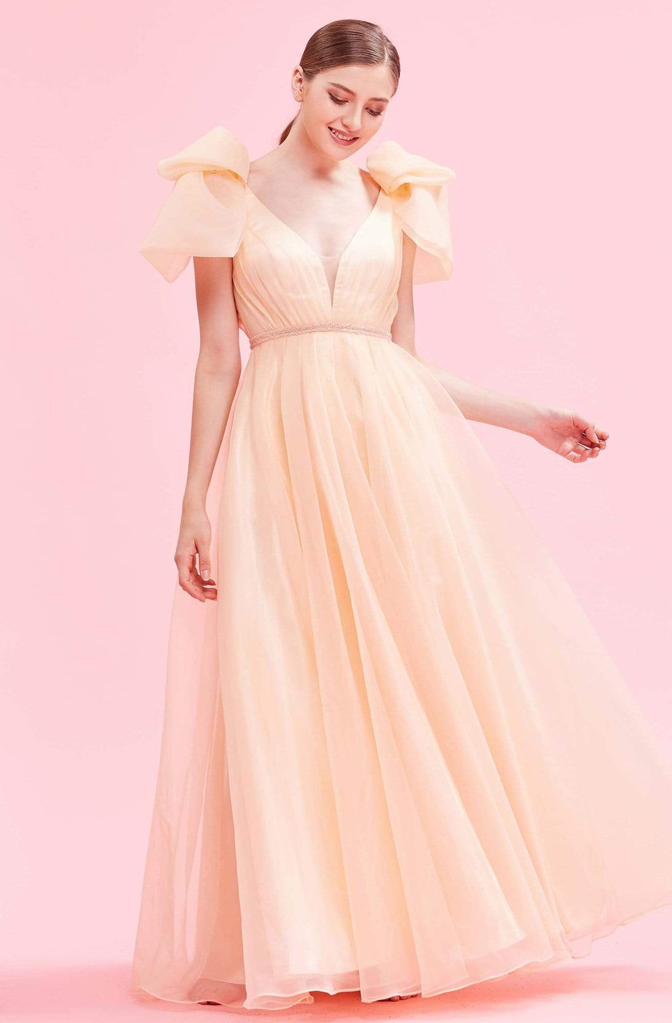 J'Adore - J16045 Draped Bow Plunging V-Neck Organza Gown Evening Dresses 2 / Peach