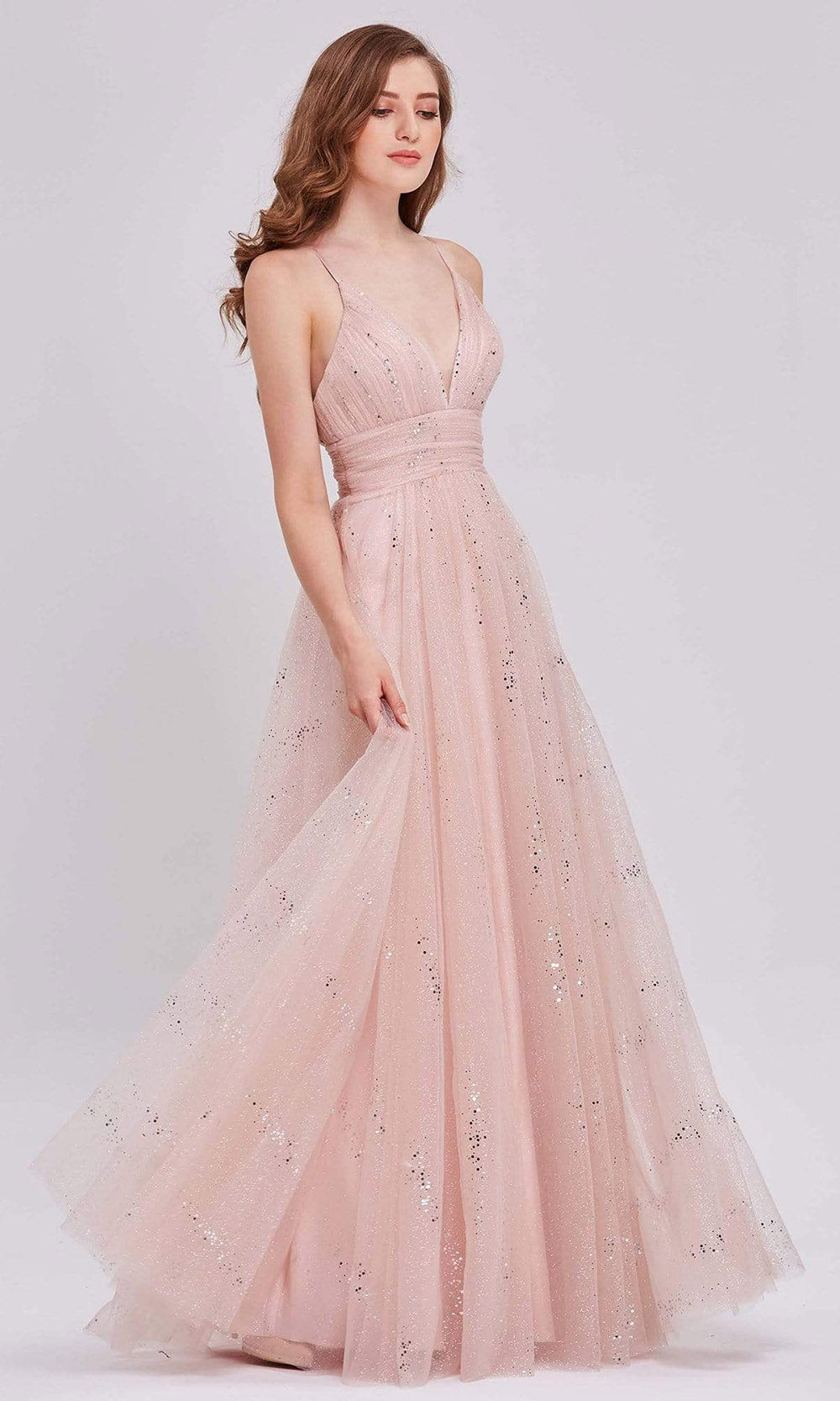 J'Adore - J16052SC Plunging V-Neck Pleated Sparkle Tulle Dress In Pink