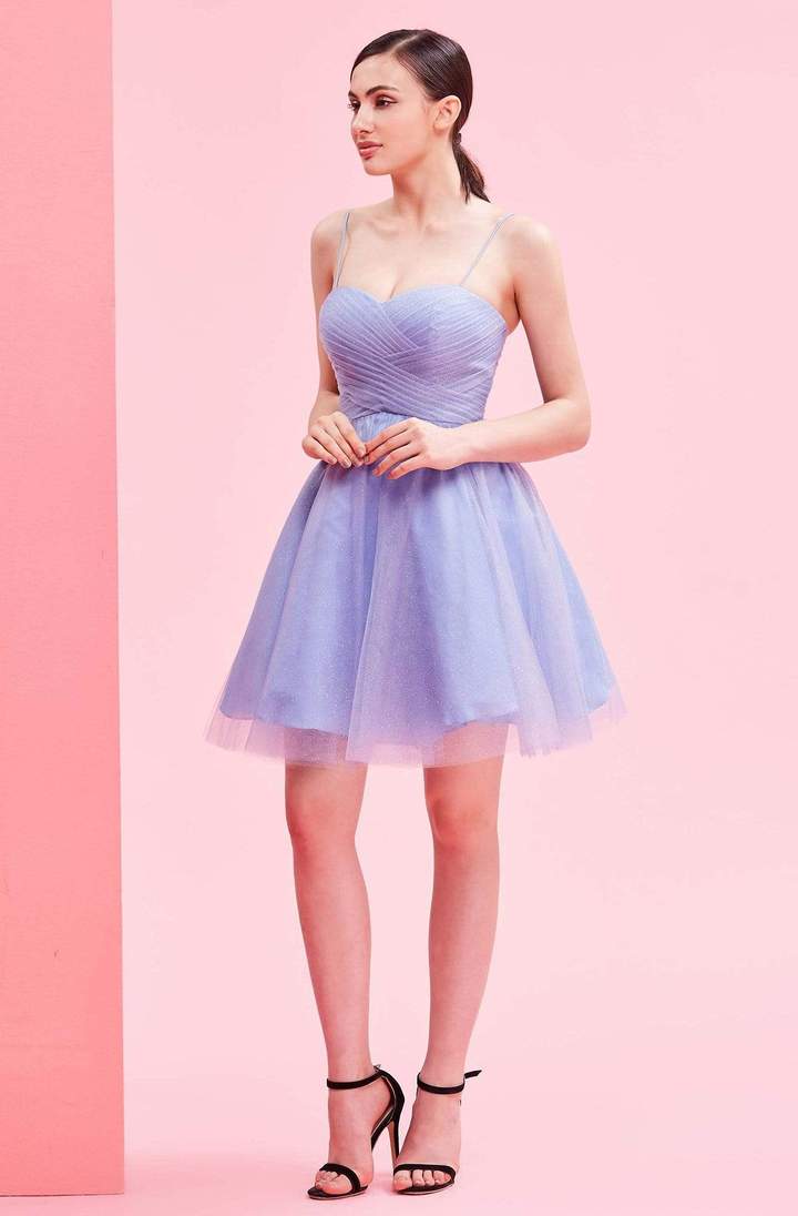 J'Adore - J16075SC Short Weaved Pleated A-Line Dress In Purple