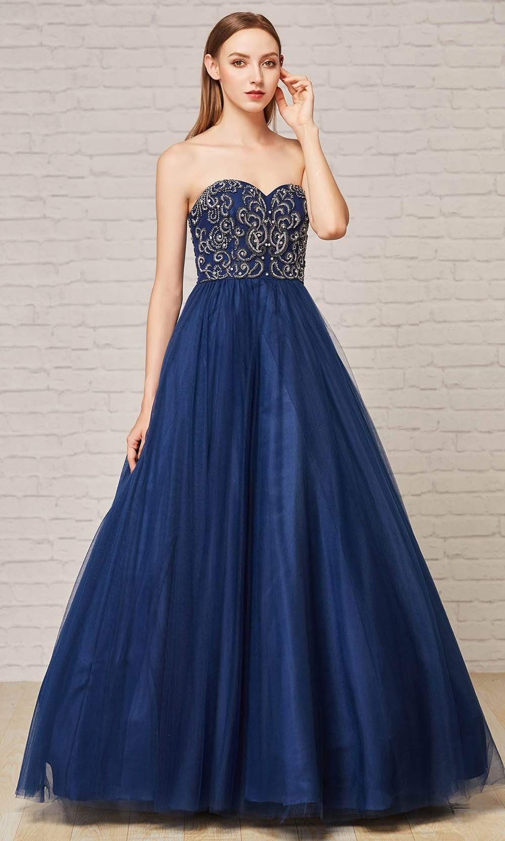 J'Adore - J18030 Beaded Sweetheart Tulle Long Gown Special Occasion Dress 2 / Navy