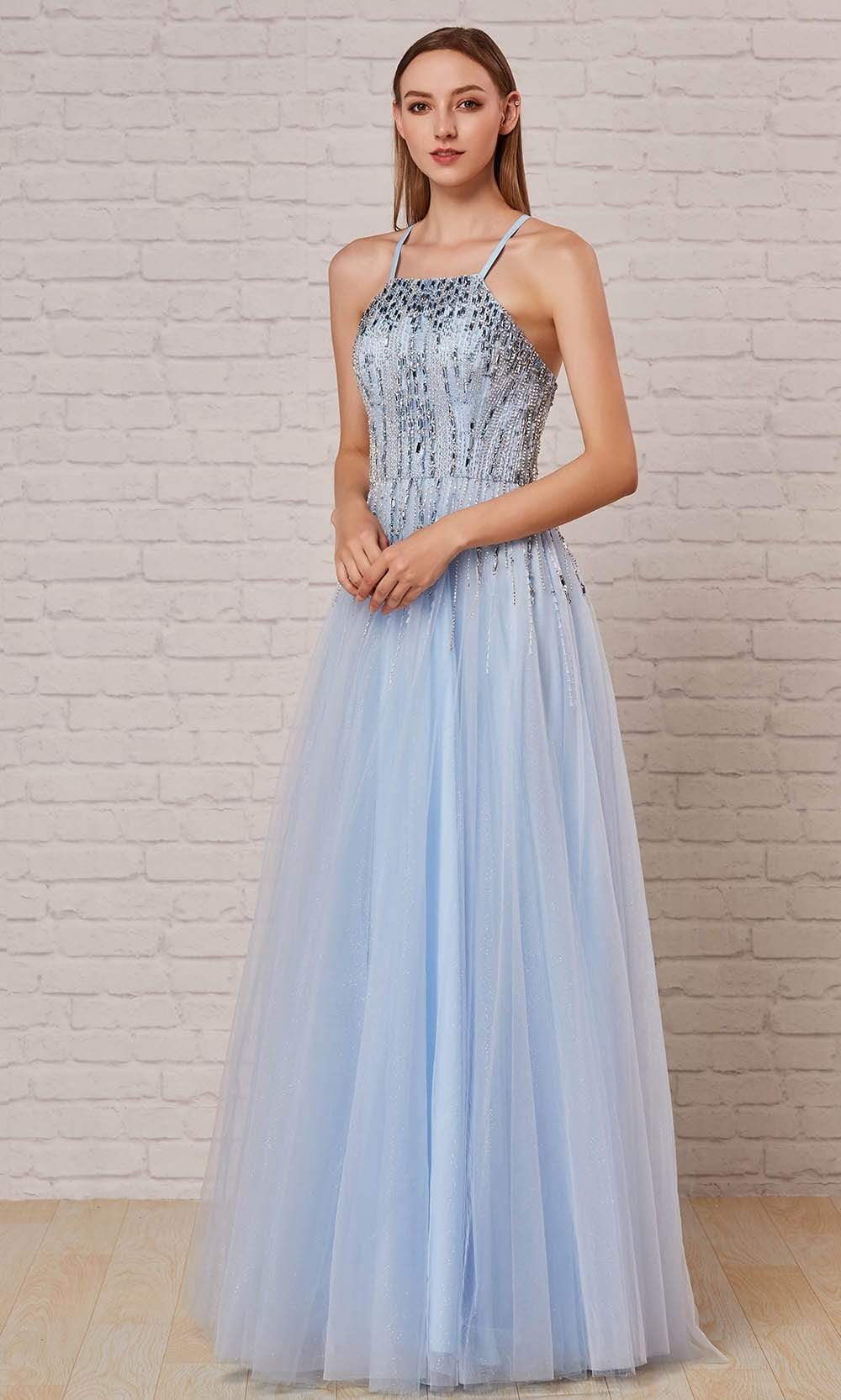 J'Adore - J18035 Beaded Halter Bodice A-Line Gown Special Occasion Dress 2 / Baby Blue