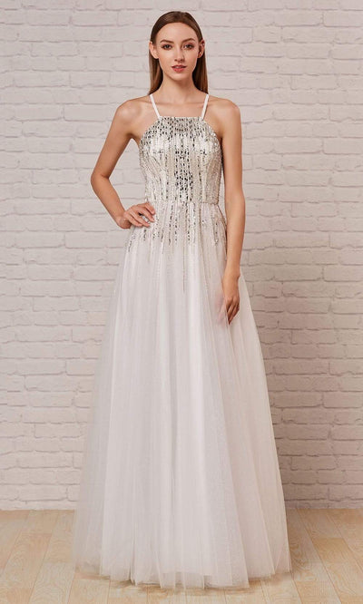 J'Adore - J18035 Beaded Halter Bodice A-Line Gown Special Occasion Dress 2 / Ivory